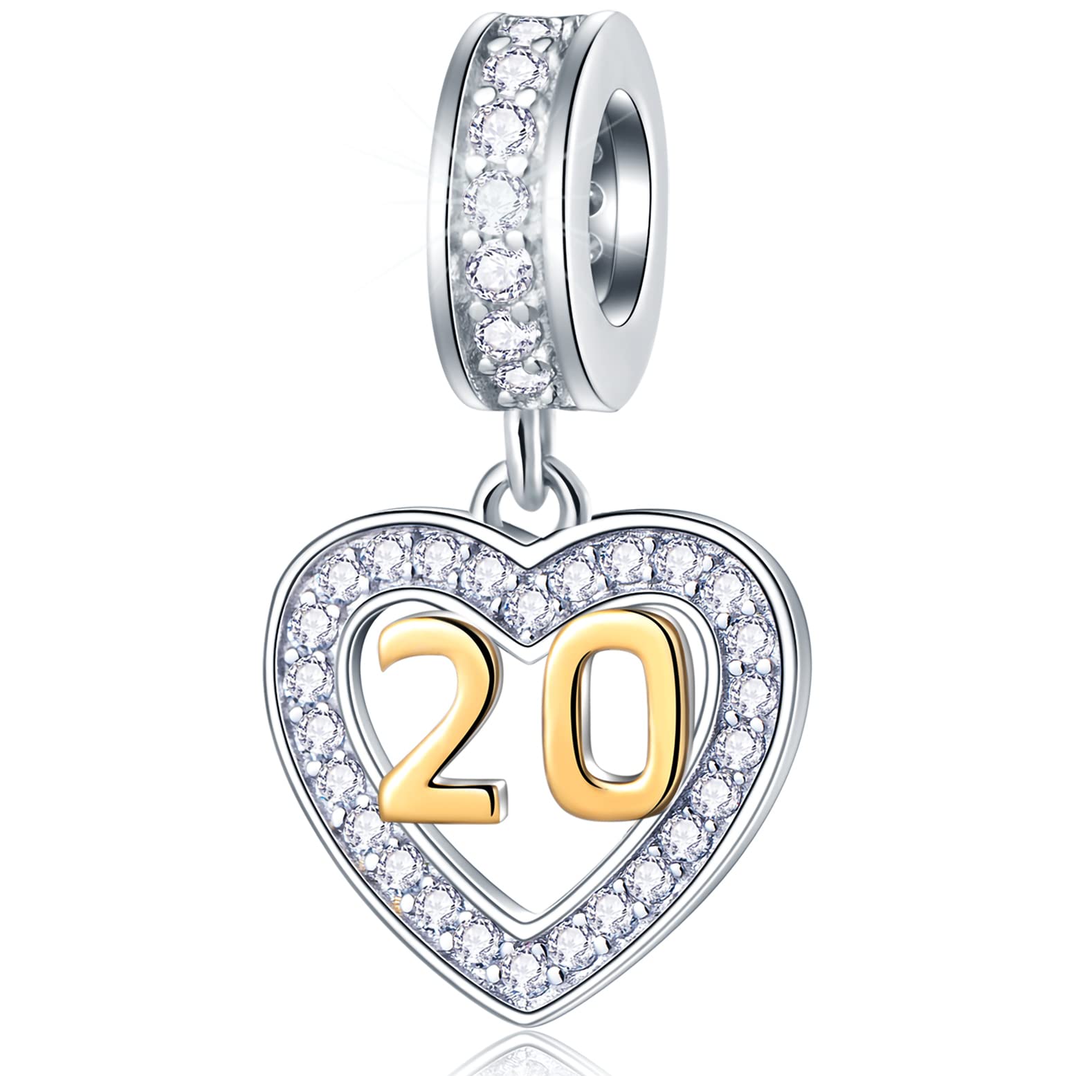 10 11 à 21 22 23 24 25 28 30 33 35 40 45 50 55 60 65 70 75 80 charms anniversaire, fit bracelet/collier birthday européen, numéro d'or pendentif coeur en argent sterling 925 avec cz, pour femme/homme