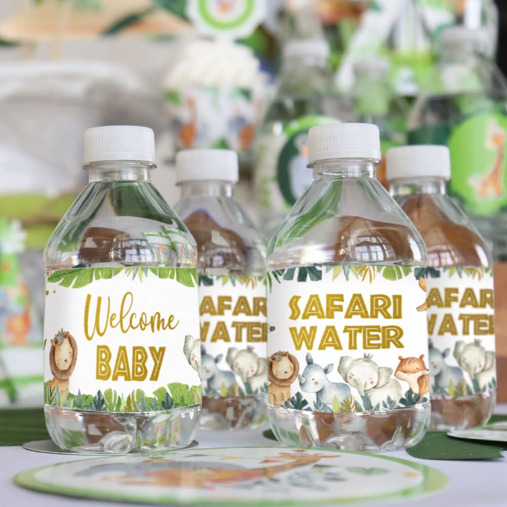 45 Pcs Safari Water Bottle Labels, Jungle Animals Themed Party Water Bottle Stickers, Waterproof Bottle Wraps for Baby Shower (8.85 * 2'')