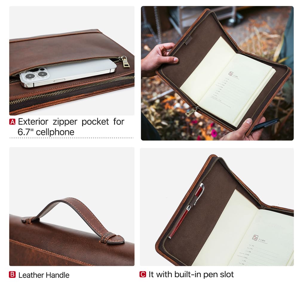Hiram Funda de piel para cuaderno A5, bolsa de almacenamiento de piel con cremallera, funda para cuaderno A5 con asa de transporte y funda para teléfono móvil