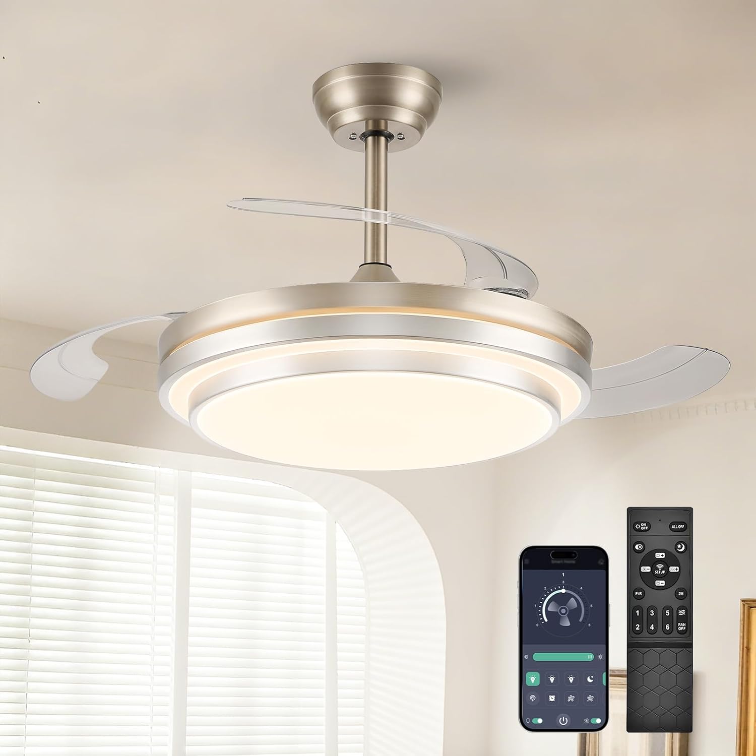 42 Inch Fandelier Ceiling fan with Light and APP/Remote,Dimmable Retractable Ceiling Fan with Lights,6-Speed,Reversible Motor,Noiseless,Modern Ceiling Fans for Bedroom/Living Room(Brush Nickel)