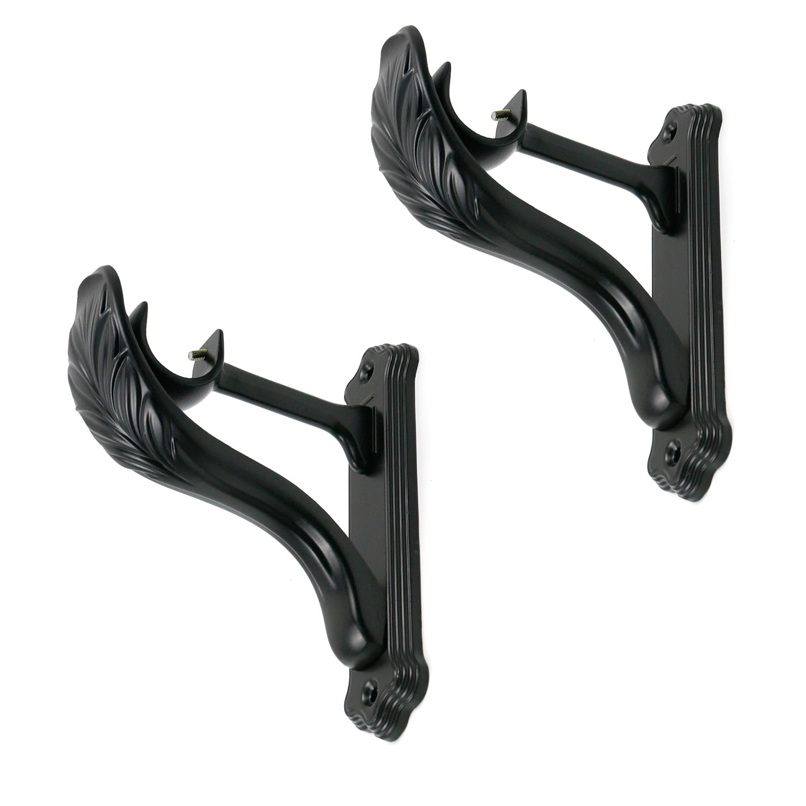 KUMGROT 2 Pack Feather Shape Metal Curtain Rod Brackets - Heavy Duty Decorative Holders and Hooks for 1 Inch Drapery Rods - Wall-Mounted Single Bracket, Black