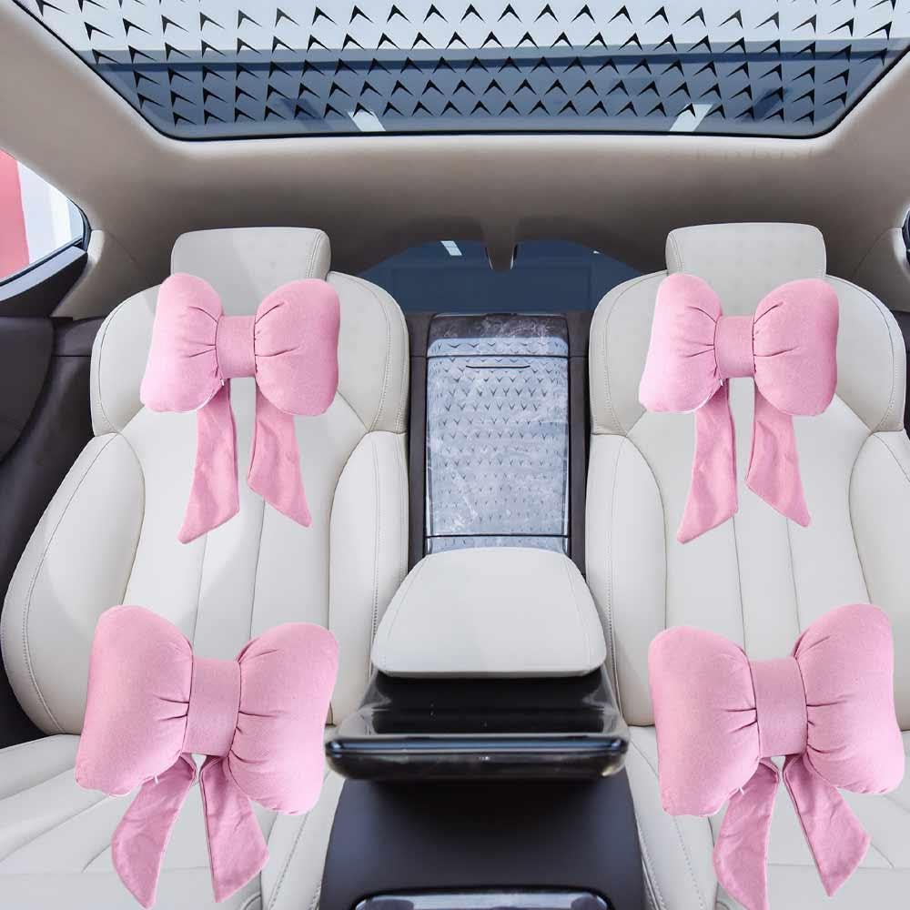 Bow Car Headrest Pillow - Adjustable Neck Support Cushion With Buckle For SUV, Truck, Sedan (Pink)