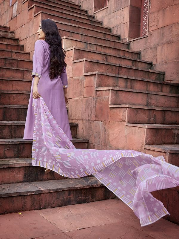 Image of Royal Export Women's Viscose Yoke Mirror Work Solid Flared Kurta Pant with Dupatta Set, Anarkali Kurta Sets for Women