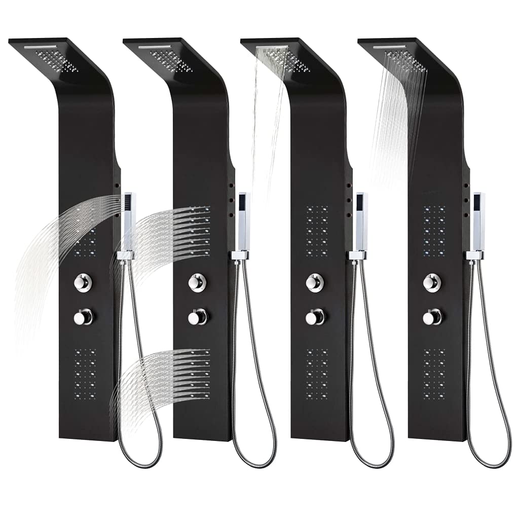 Pannello doccia in alluminio nero, 20 x 44 x 130 cm, con doccia a pioggia, soffione massaggiante e illuminazione LED, moderno sistema doccia per bagno, benessere e relax