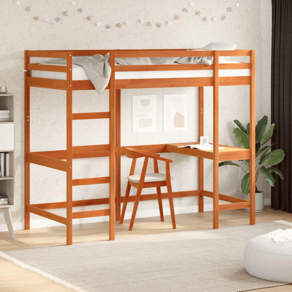 Beds & Accessories - Letto a soppalco con scrivania, 100 x 200 cm, in legno massello di pino, colore: Marrone