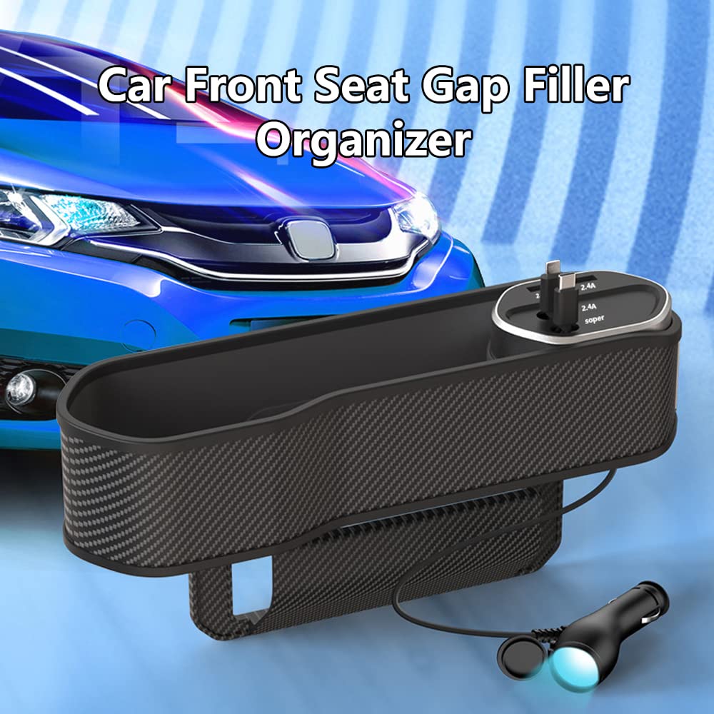 Riloer Organizador de asiento de coche multifuncional con soporte pequeño para vasos, organizador de relleno de brecha para asientos delanteros con 2 puertos USB
