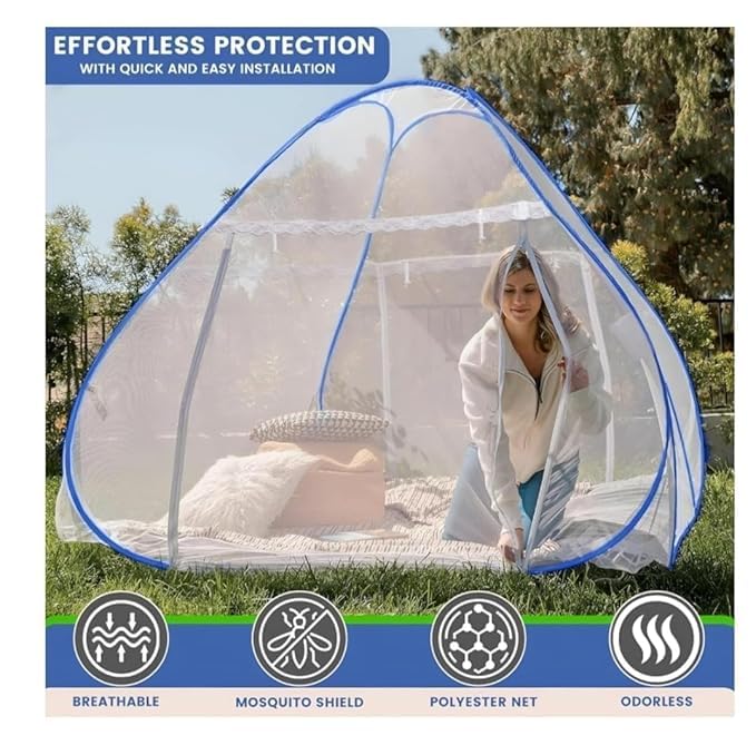 Image of MINIMART Mosquito Net for Double Bed | King Size Foldable Machardani | 6.5 x 6.5 Feet Polyester 30GSM Strong Net |PVC Coated Corrosion Resistant Steel Wire Blue S0-2