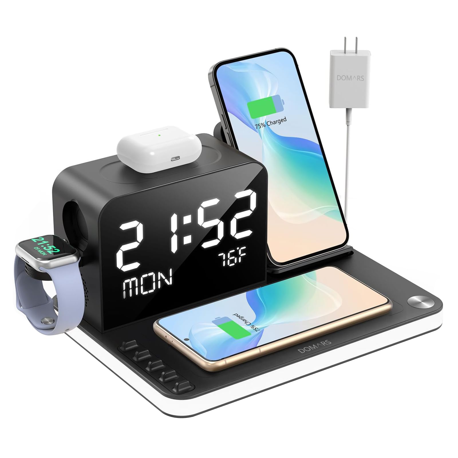 Estación Cargador Inalámbrica 7 en 1,con 4 Soportes de Carga Wireless y 2 Puertos de Carga, Base de Carga Rápida de 30W Compatible con iPhone 17-12,Apple Watch,AirPods(Negro)