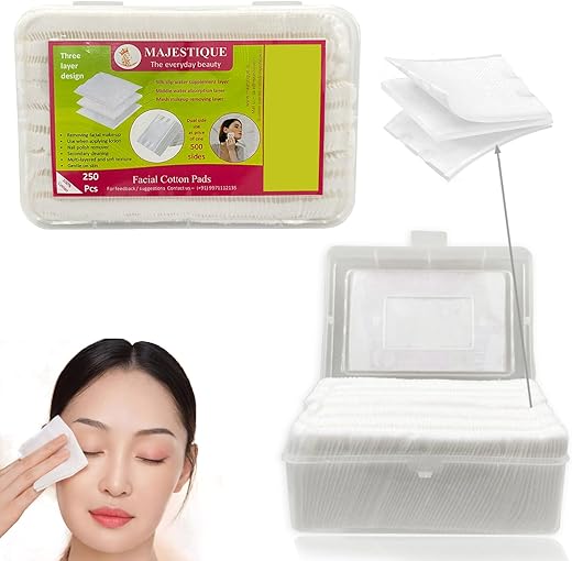Majestique 250Pcs Soft Touch Facial Cotton Pads, Makeup Remover Wipes for Cleansing Skin & Nail Polish Remover – Premium Quality Cosmetic Facial Care Tissues for Gentle Skin…