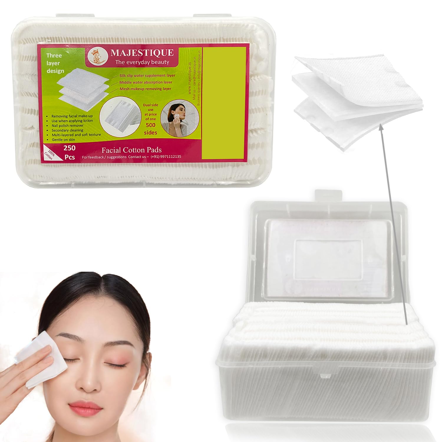 Majestique 250Pcs Soft Touch Facial Cotton Pads | Ultra-Absorbent Makeup Remover & Nail Polish Wipes | Gentle Cosmetic Pads for Skincare, Cleansing & Toner Application | Premium Lint-Free Rounds