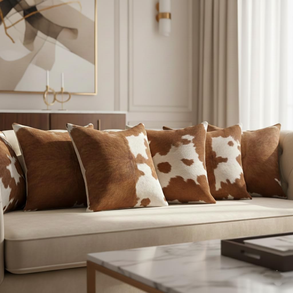 Bk.leather Brown & White Uk Home Decor Real Cowhide Cushion/Pillow Covers Genuine Cow Hide Hair On Leather Skin Throw Pillow Covers (40 X 40 Cm) Set Of 4 Pcs. (, Pack Of 4)
