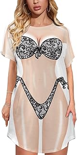 Women's Funny Bikini Beach Cover Up Shirt Cute Short Sleeve Baggy Body Print Swimsuit Cover-Up T Shirt Dress