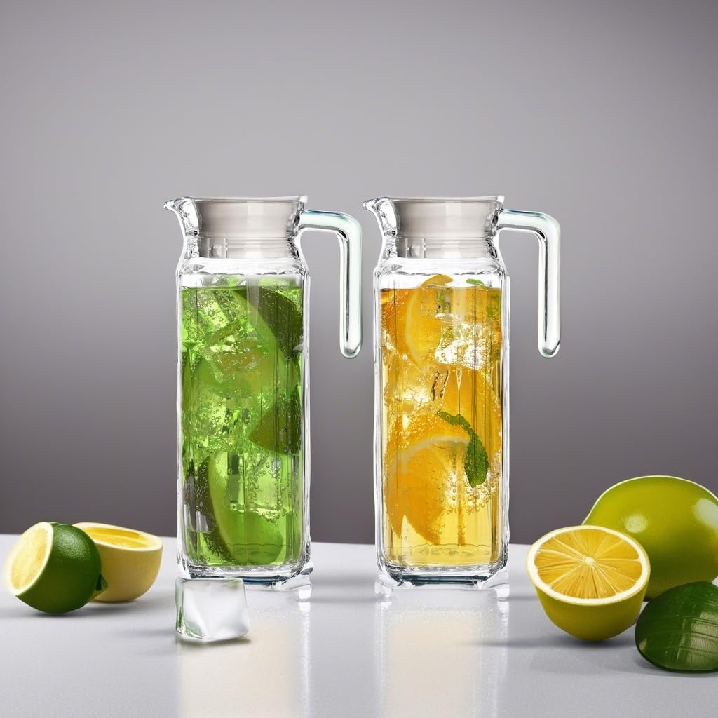 Jarra de vidrio con tapa, juego de 2 jarras de agua de vidrio de 34 onzas, jarra de agua fría para té helado, limonada, café, elegante y moderno, prácticas jarras con boquilla para bebidas