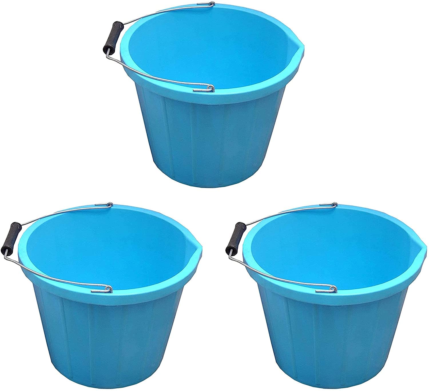 Set of 3- Sky Blue Plastic Builders Bucket 3 Gallon 14 Litre Water Mixing Storage Strong with Measuring Guide, Handle And Spout (Made in U.K)