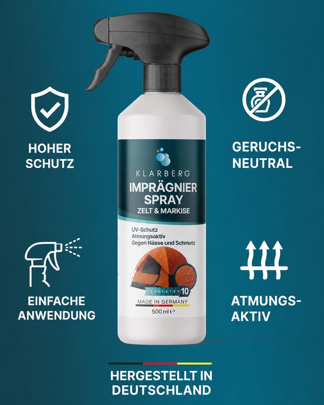 KLARBERG Impregnacja pawilonu i namiotu, spray impregnujący, namiot, markiza i pawilon – oddychająca uszczelka powierzchni i szwów do namiotów – spray impregnujący na zewnątrz – biodegradowalny