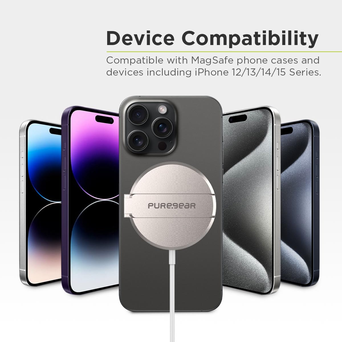 PureGear Kickstand 15W Qi-Certified Fast Wireless Charging Pad for iPhone 15/15ProMax/14/13/12 Series Work with MagSafe Case - Magnetic Wireless Charger, AirPods, Galaxy S24 S23 & More with AC Adapter