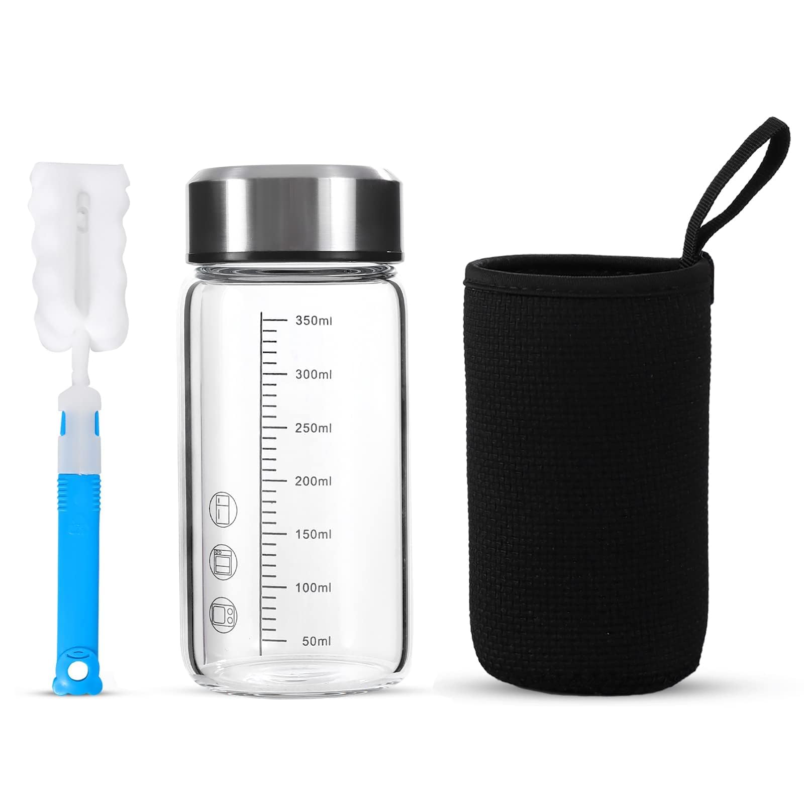 12Oz Glass Water Bottle with Lid and Sleeve,0.15in/3.8mm Thick Glass Shaker Bottles for Protein Mixes,Juicing,Smoothies, Infused Water,Beverage,Wide Mouth Small Reusable Sports Nutrition Shaker