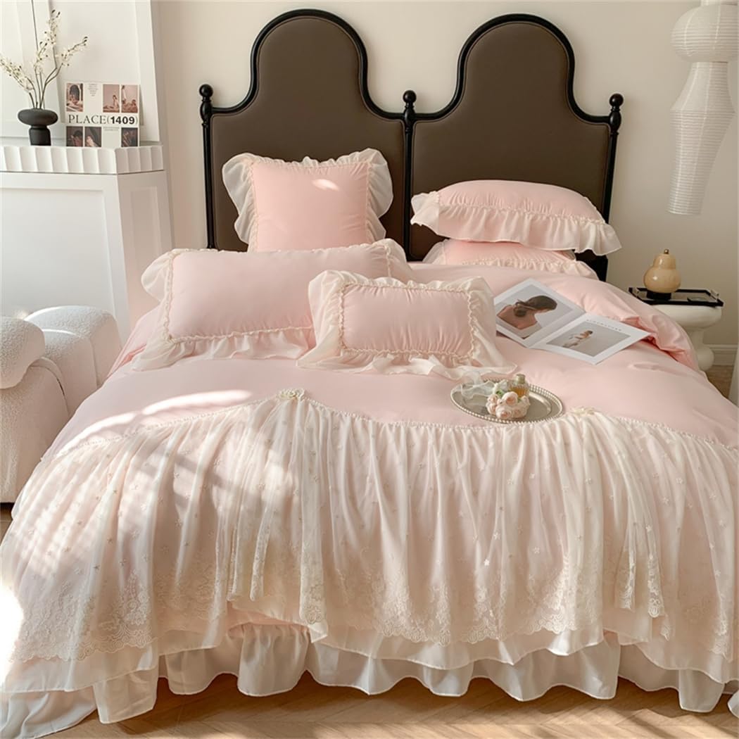 IHOUSTRIY Lace Duvet Cover Queen Size, Chiffon Ruffled Beddding Set with Flower, 3 Pieces Comforter Cover Set with Zipper Closure, Girl Princess Bedding with Pillowcase - Pink, Queen