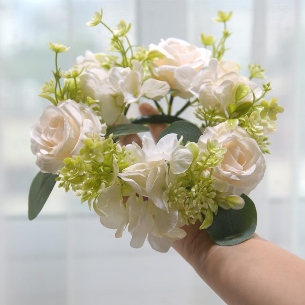 4 ghirlande di ortensie artificiali, con anelli per candele, per Natale, matrimoni, casa, tavolo, feste, decorazione (bianco)