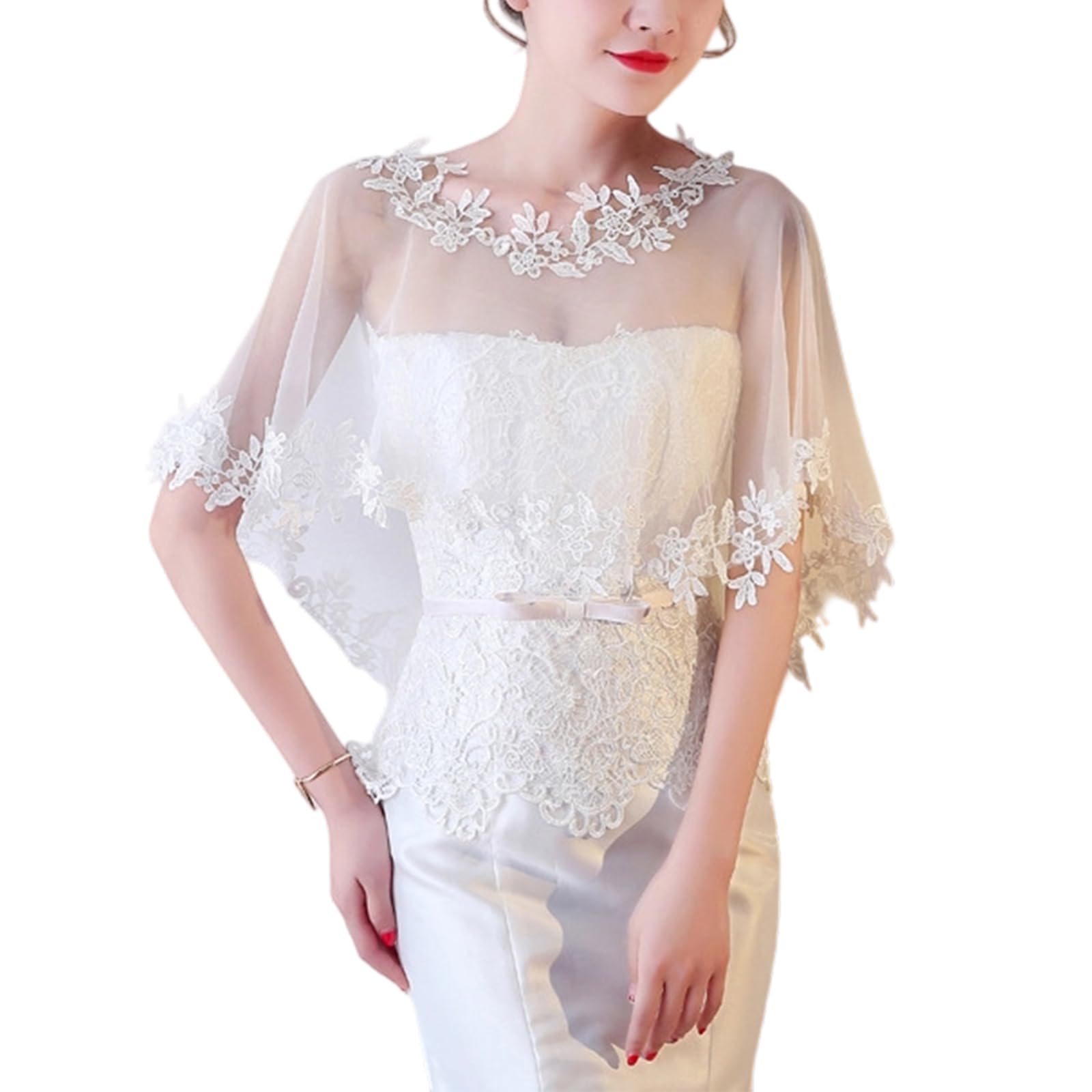 MICFENY Exquisited Lace Capelet For Bride Wedding Ceremony With Pullover Design without Tie Needed For Quick Styling
