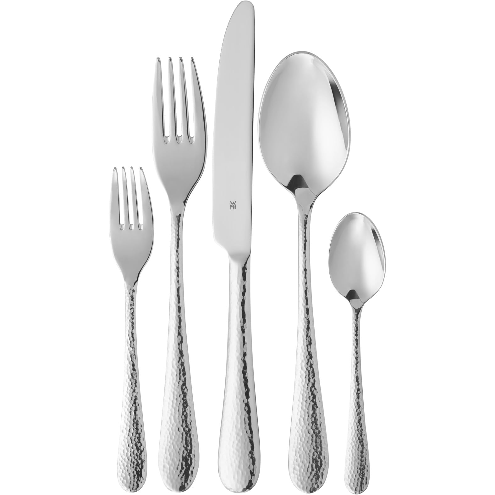 Sitello Cutlery Set for 6 People, Cromargan, Cutlery Set 30 Pieces, Monobloc Knife, Polished Cromargan Stainless Steel, Hammered, Ergonomic, Glossy, Dishwasher Safe, Silver
