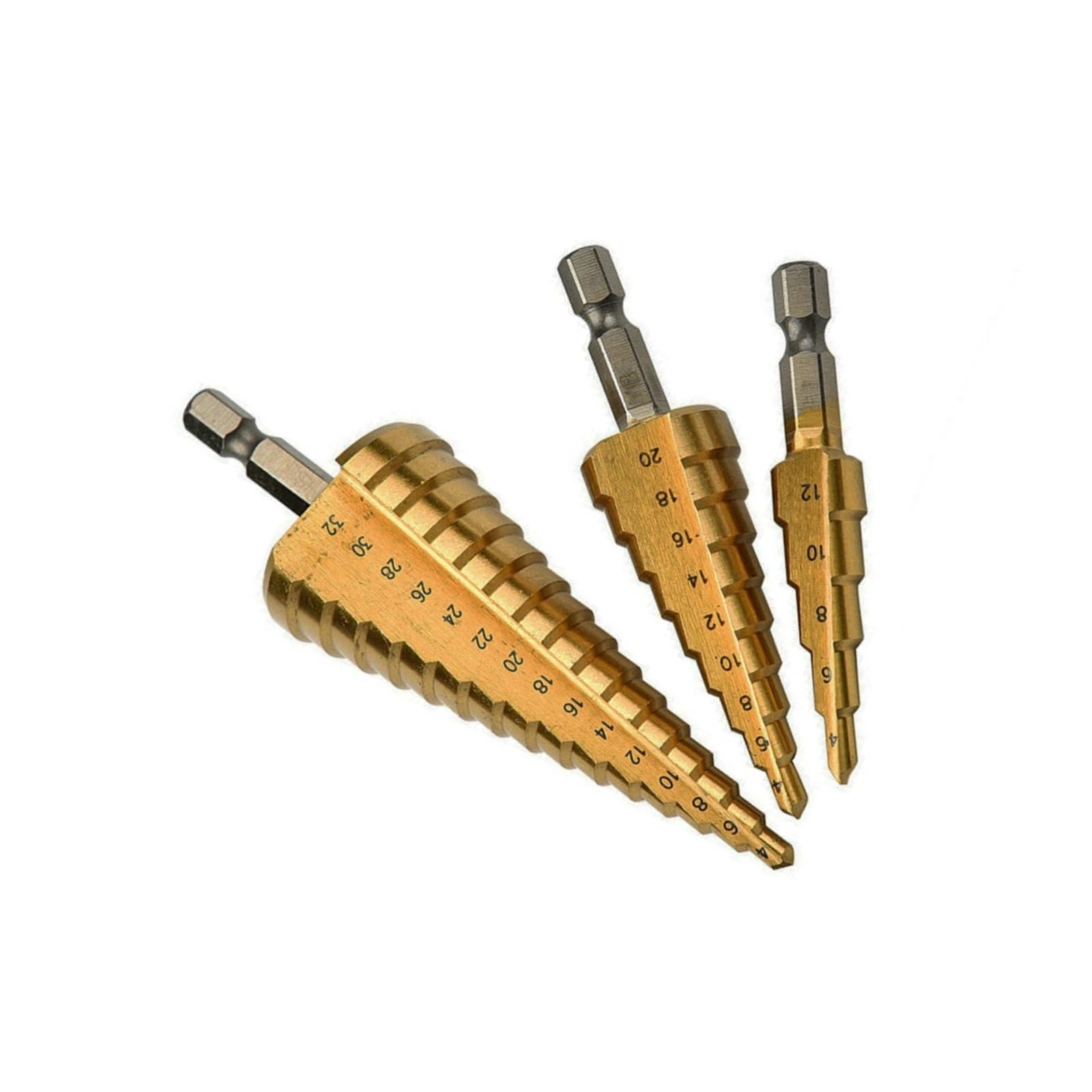 Juego de brocas escalonadas cono HSS titanio 3 piezas | Herramientas cortadoras de agujeros multiusos de 4-12/4-20/4-32 mm(No packing)