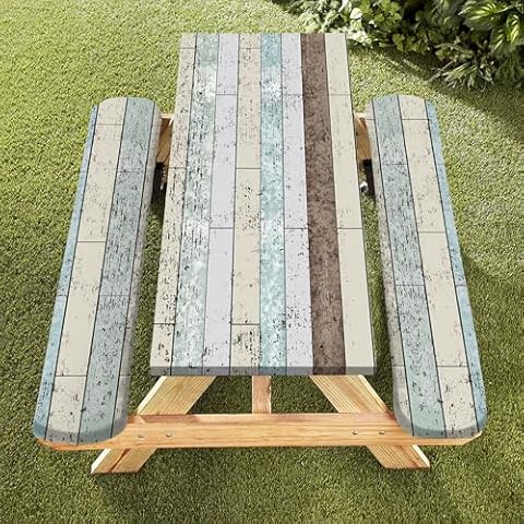 famibay 3 Piece Picnic Table Covers with Elastic Fitted Picnic Table Cover with Bench Covers Farmhouse Camping Tablecloth Waterproof Picnic Table Covers for Outdoors(Wood Grain,12" x72"+30" x72") Cover