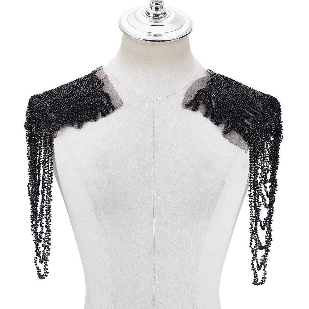 NBEADS 1 Pair Beaded Rhinestones Applique Embellishment, Sparkle Crystal Sewing Patches for Wedding Dress Plastic Beads Fringe Epaulettes for Shoulder Bodice Jacket DIY Accessories, Black