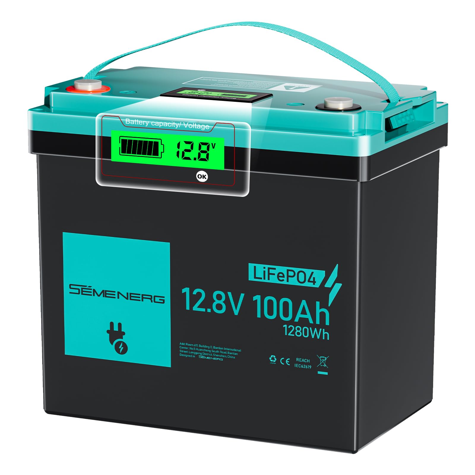 SEMENERG 12V 100Ah LiFePO4 Battery, BCI Group 24 Deep Cycle Lithium Battery Rechargeable, Built in 100A BMS with Low Temp Protection for RV, Trolling