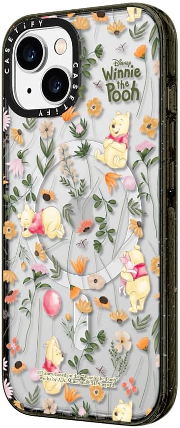 CASETiFY Impact iPhone 14 Plus Case [Winnie The Pooh Co-Lab / 8.2ft Drop Protection/Magsafe] - Vintage Floral Case - Clear Black