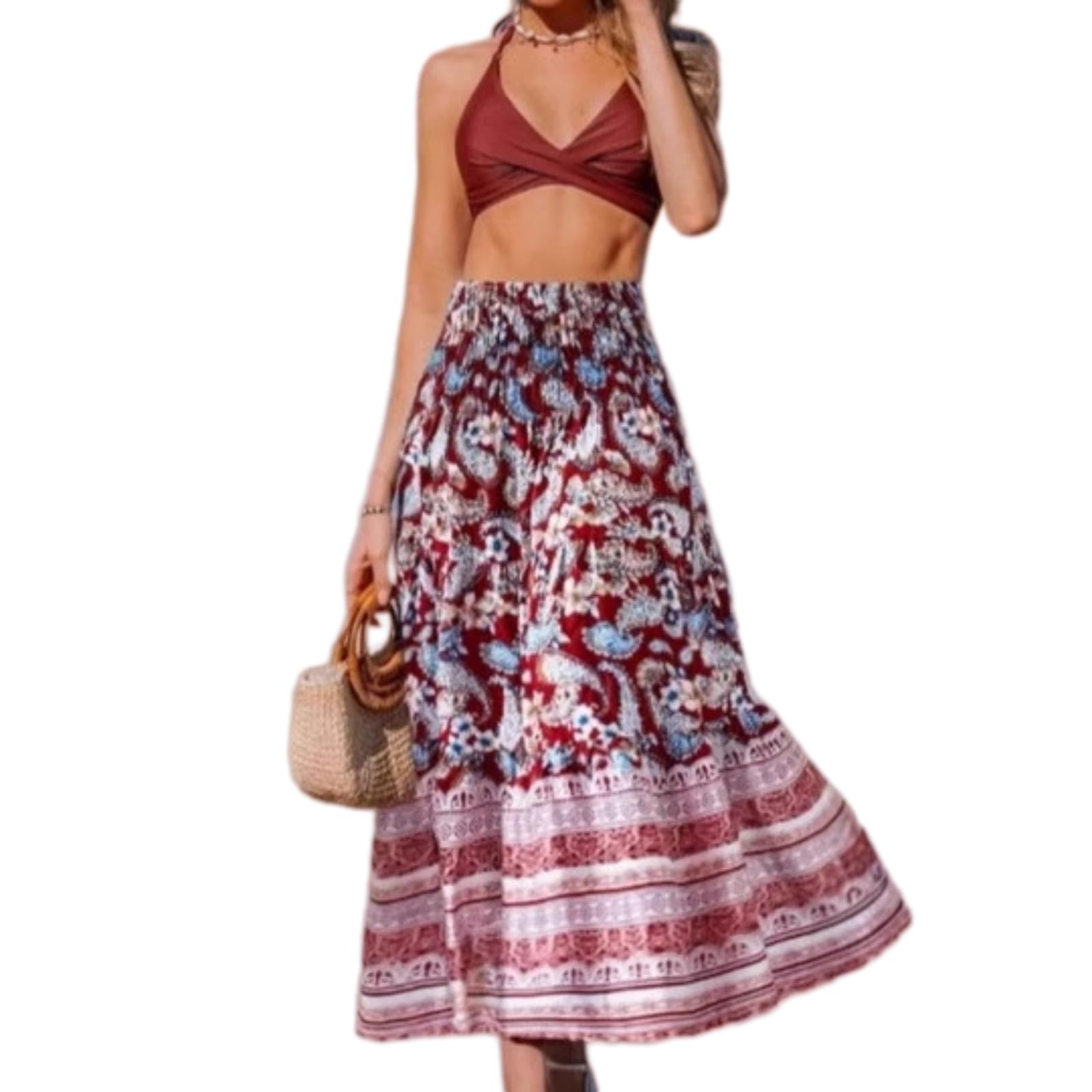 Falda larga de verano boho para playa y vacaciones con cintura elástica de flores