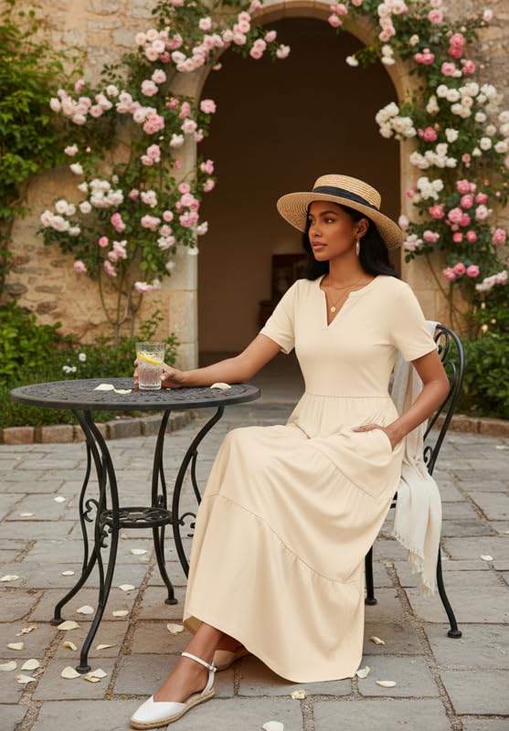 Image of MarryUP Women 2025 Casual Loose Maxi Dress with Pockets V Neck Short Sleeve Tiered Long Summer Beach Swing Dresses