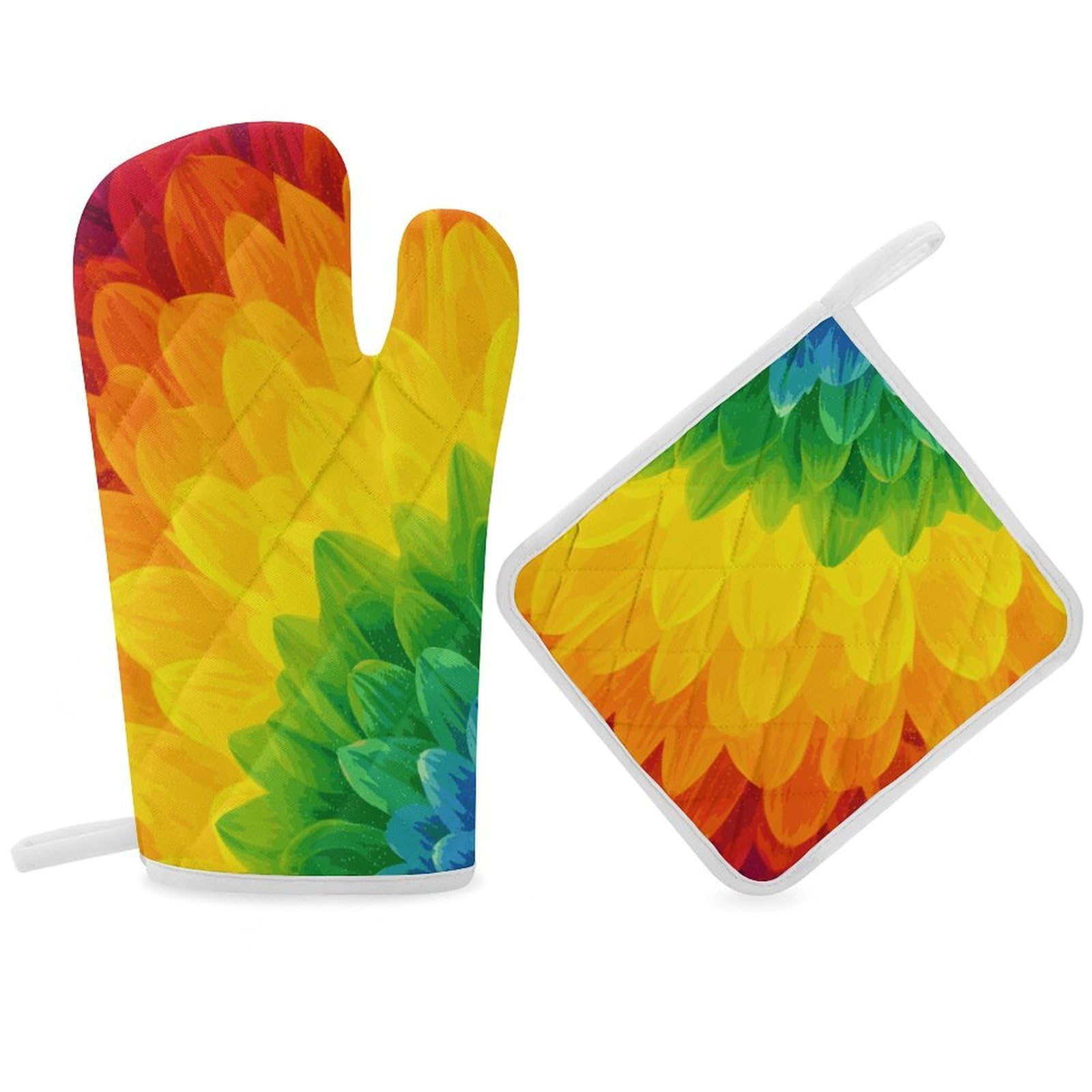 Sunflower Rainbow Oven Mitt Thick Substantial Heat Insulation Gloves Soft Skin-Friendly Temperature Resistant Oven Mitts for Cooking Lover Cooks
