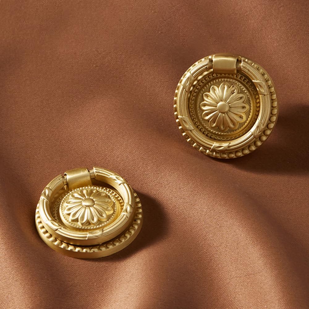 Brass Cabinet Rings Gold Knobs, Drawer Round European Handles Antique Gold Knobs for Home Kitchen, 8 Pack