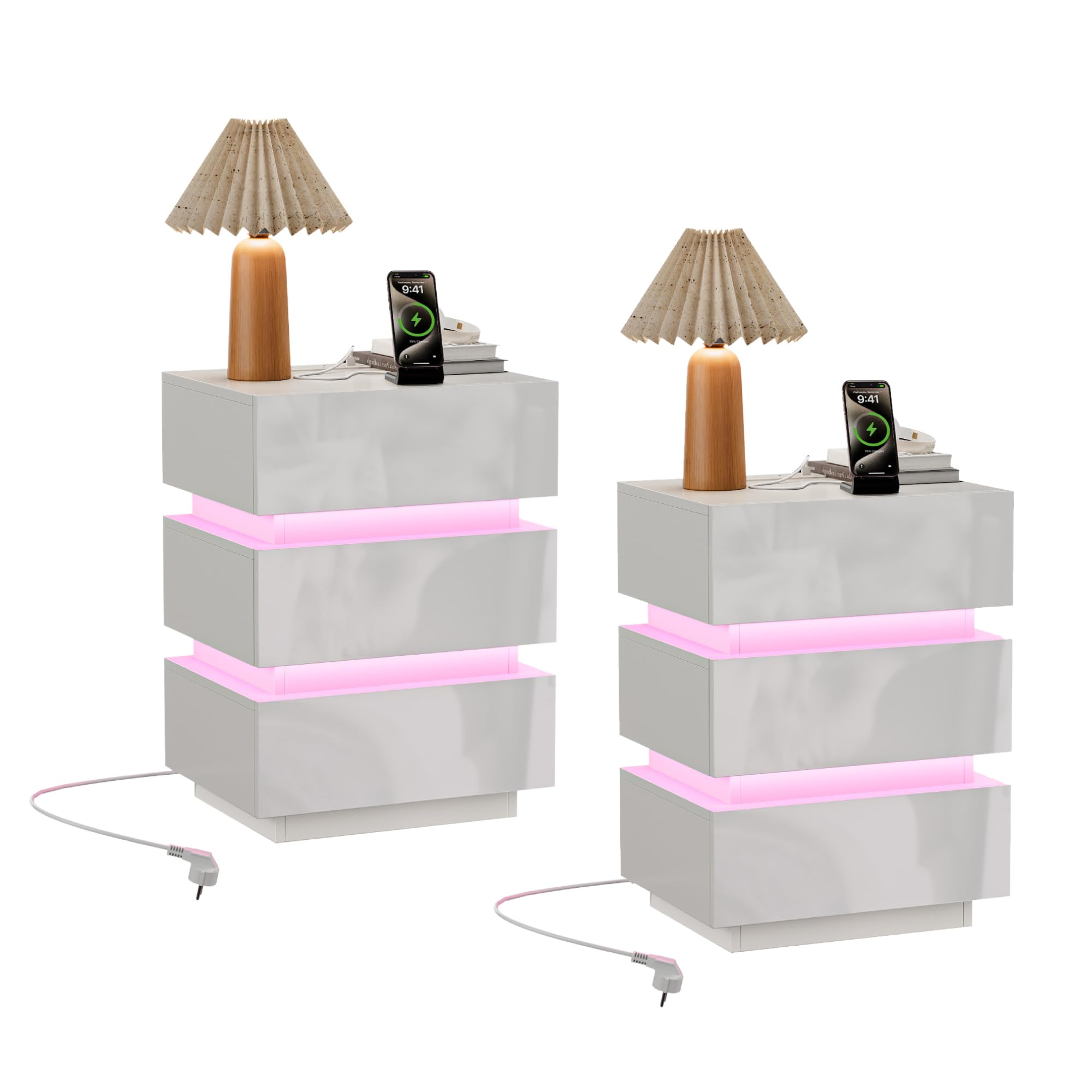 Ztexkee High Gloss Set of 2 Bedside Tables with Power Socket 45x35x62 cm Big Nightstands with RGB light End Table 3 drawers Bedside Table for Bedroom Living Room White