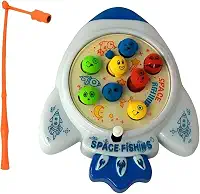 Jogo de Pescar Espacial com Vara, 8 Peixes Coloridos com Carinhas, Foguete Branco e Azul, 11 Peças, Mecanismo a Corda