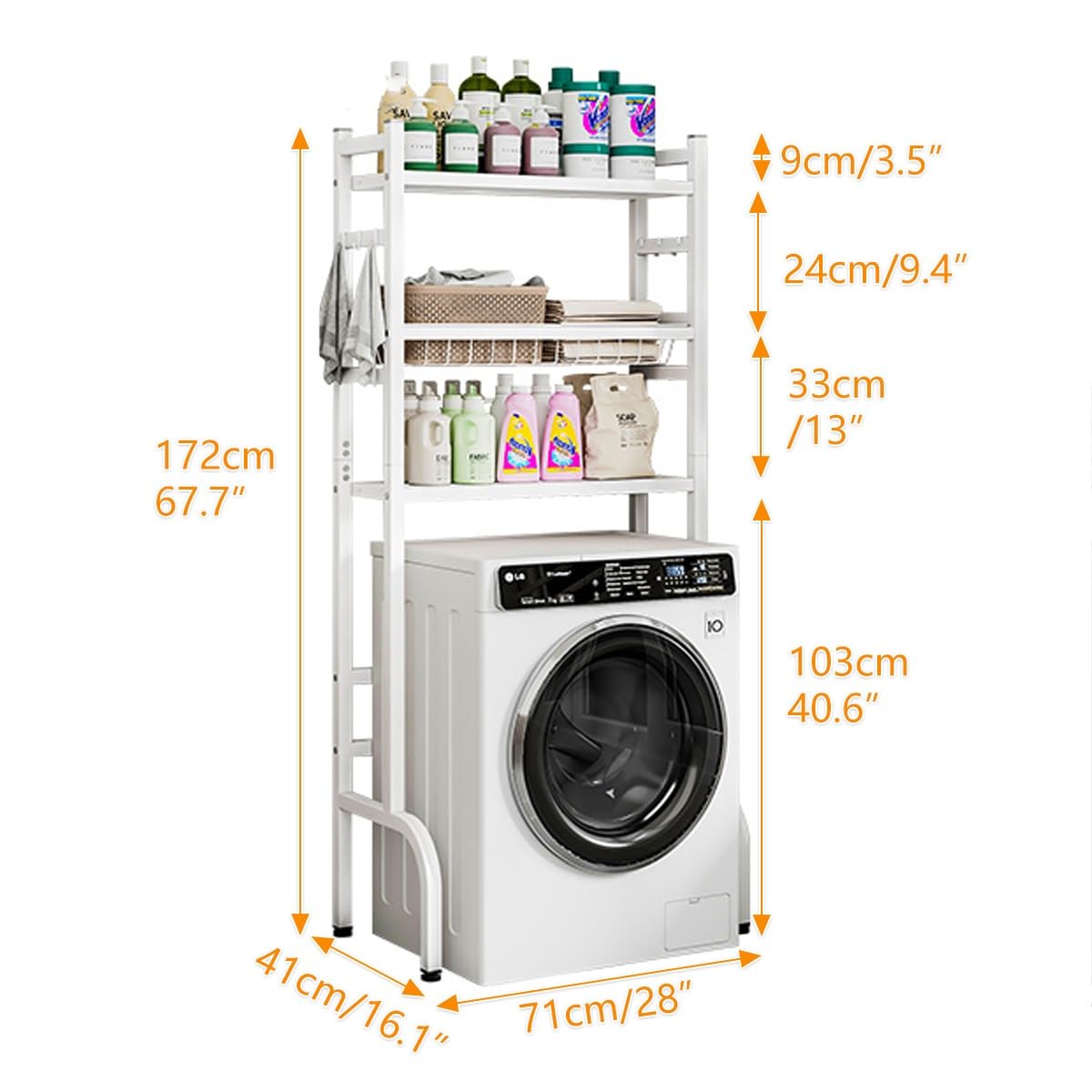 3 Tiers Over Washer and Dryer Shelves with Guardrail, Over The Washer Storage Shelf with Adjustable Feet, Adjustable Height Dryer Stand with Hollow Basket, Save Space for Bathroom Laundry Room(White)
