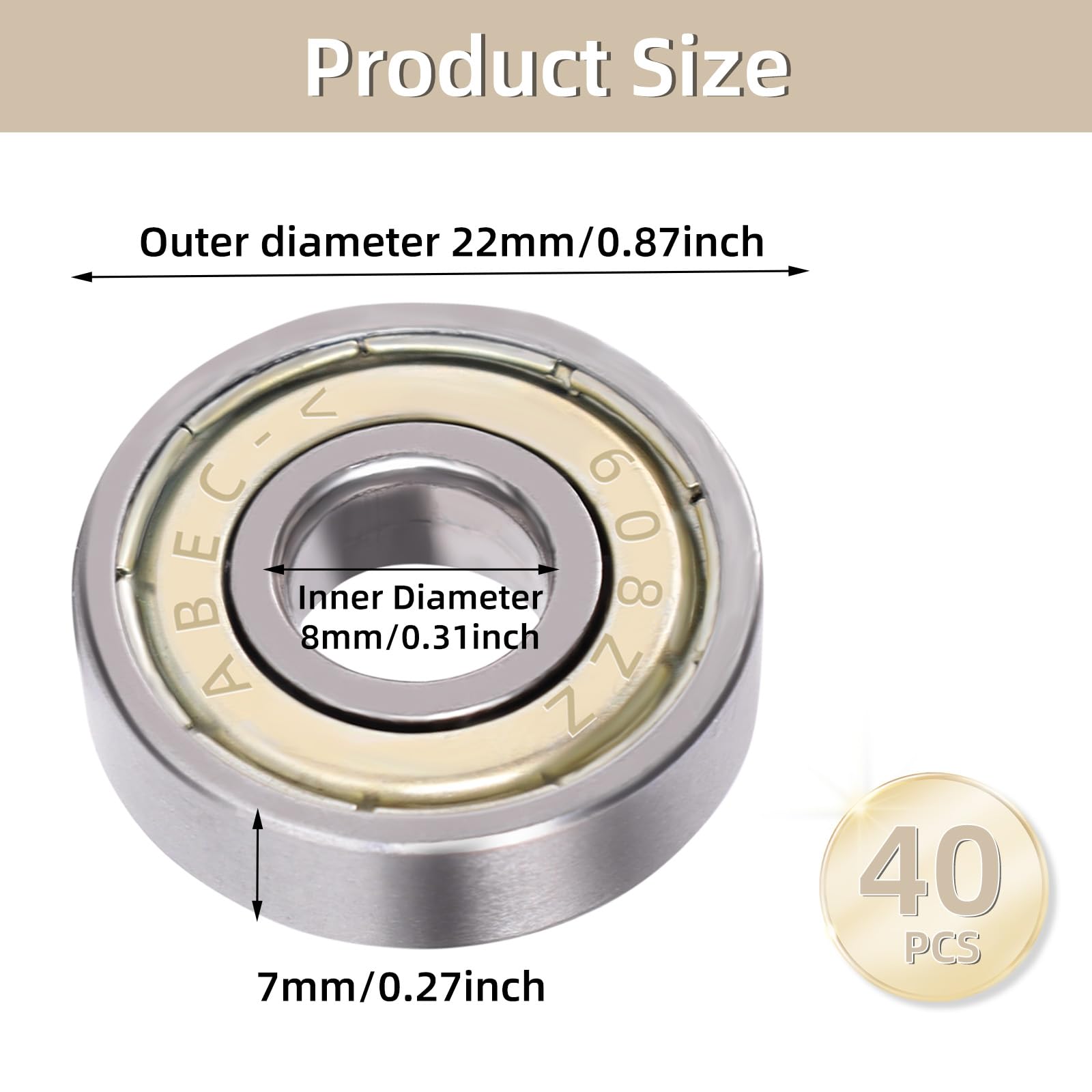 40 stuks 608 ZZ kogellagers, 8 mm x 22 mm x 7 mm, metaal, double