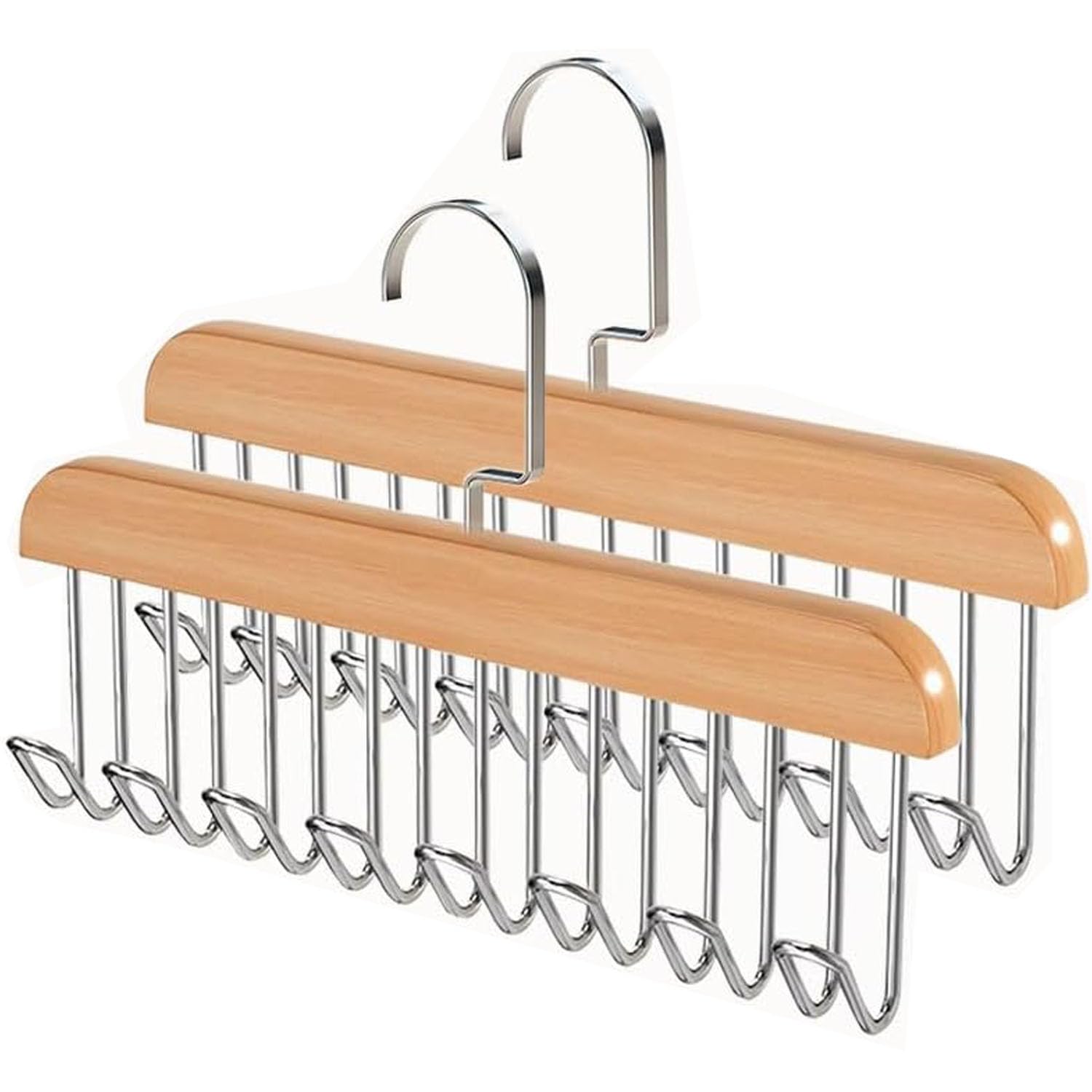 Belt Hanger for Wardrobe, 2 Pack Belt Hanger Wooden, Belt Rack with 8 Hooks,360 Degree Rotating Tie Hanger, Space Saving Belt Holder, Cabinet Organiser, Storage for Scarves, Ties, Belts (Wood)
