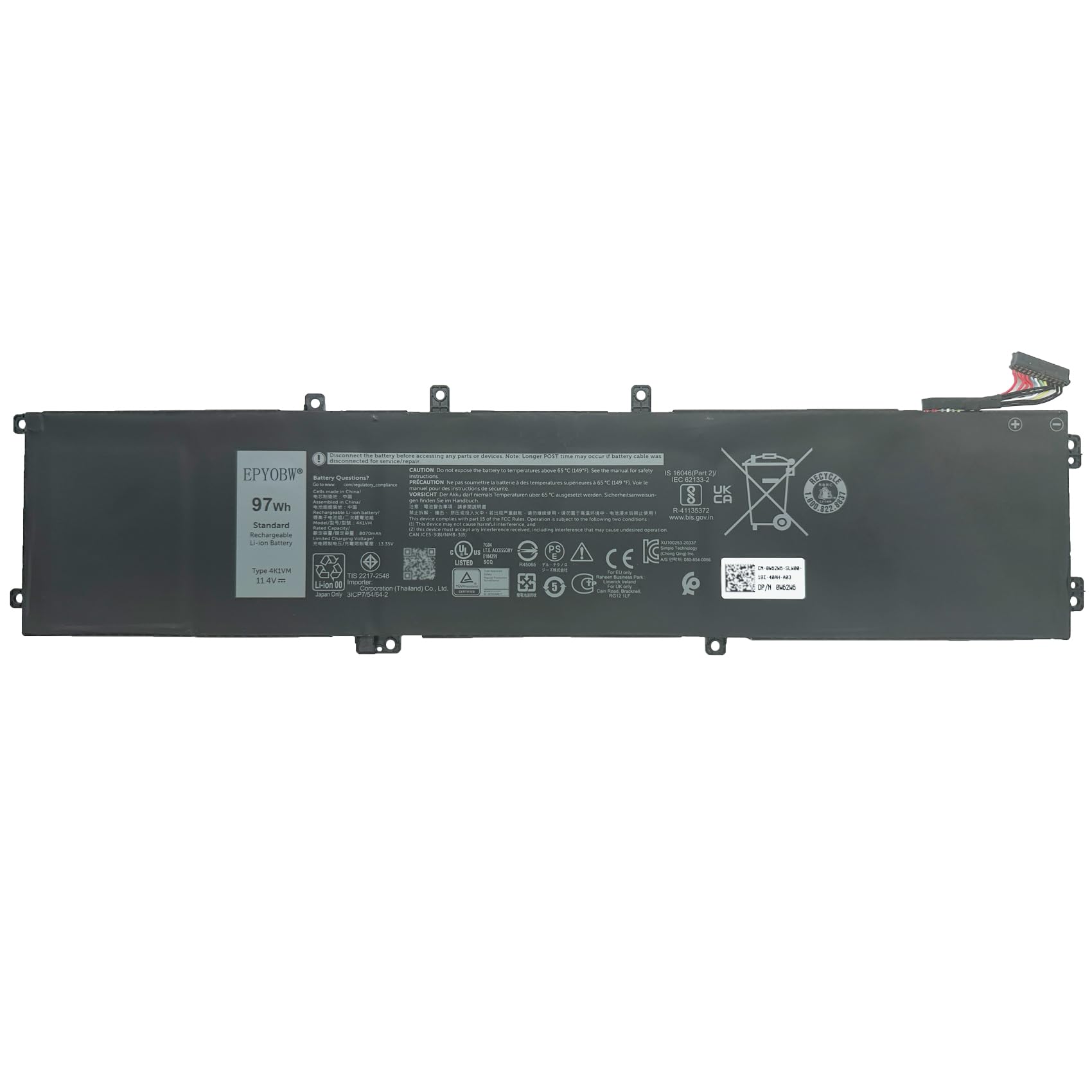 Dell Batterij verbeterde capaciteit 97Wh 6 cellen voor XPS 15 9560 9570 7590 Precision 5520 5530 5540 Vostro 7500 G7 7700 Inspiron 7501 P46E P56F P102F Type: 4K1VM 6GM TPY W62 W6 GPM03 5XJ28 van