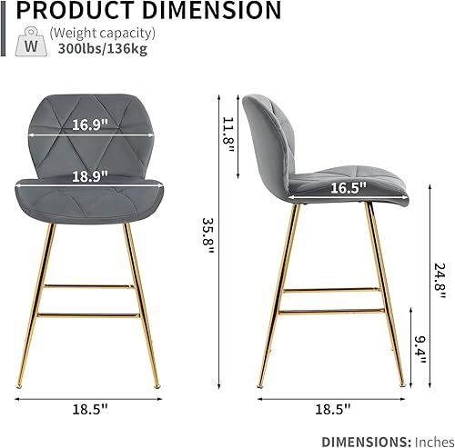 Miniatura 5 de ZJhome Juego de 4 taburetes de bar modernos de terciopelo de 24 pulgadas, taburetes de bar de altura de encimera con reposapiés y patas doradas para
