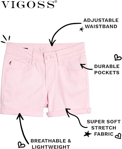 Miniatura 2 de VIGOSS Pantalones cortos para niñas Pantalones cortos básicos de sarga elástica suave para niñas Pantalones cortos ajustables para niños (4-16)