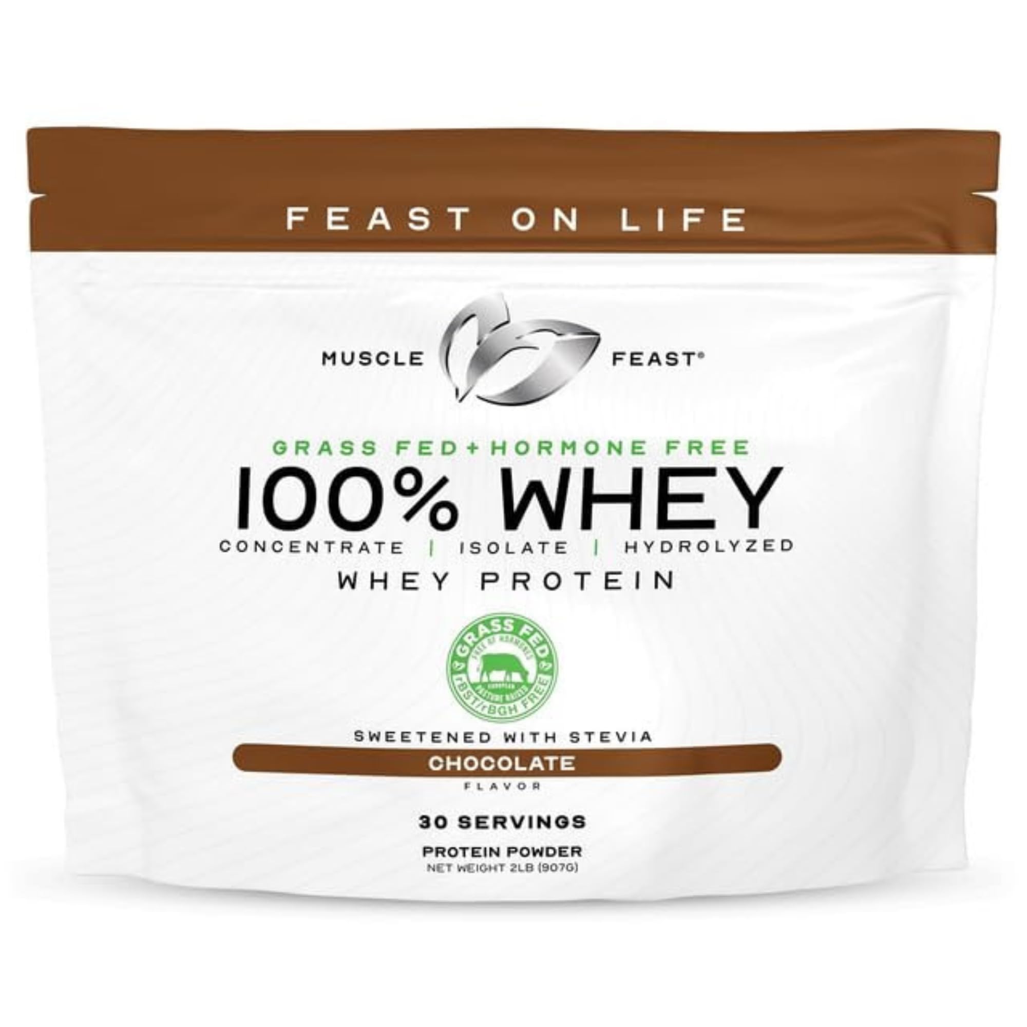 Muscle Feast 100% Grass Fed Whey Protein Powder, All Natural Hormone Free Paure Raised Whey Protein Powder for Women & Men- Whey Concentrate, Isolate & Hydrolyzed Protein Powder Blend - Chocolate, 2lb