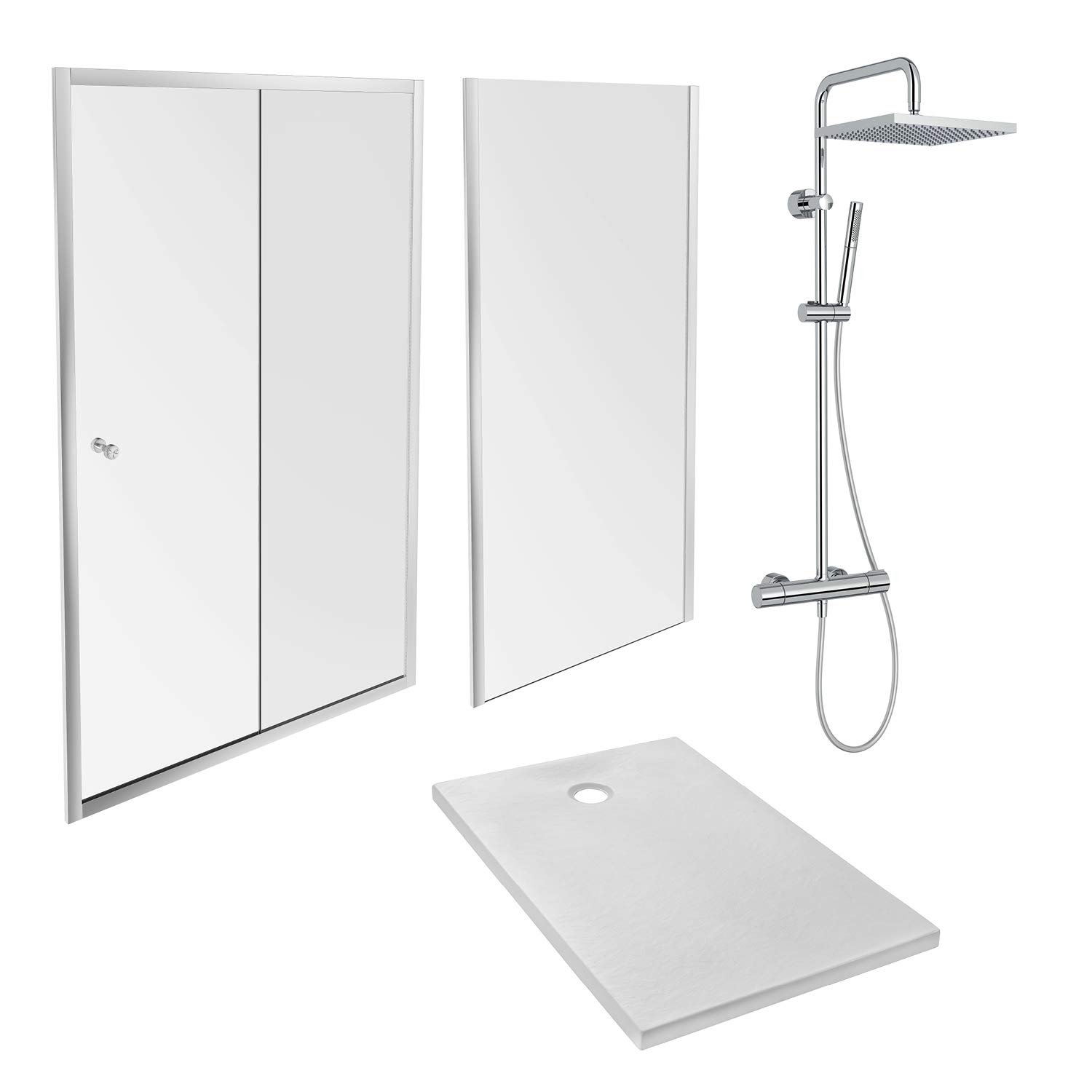 Jacob Delafon E63153-WPM - Pack de ducha IPSO (plato 120 x 90 + puerta corredera y fija + columna), color blanco, cromado y cristal transparente