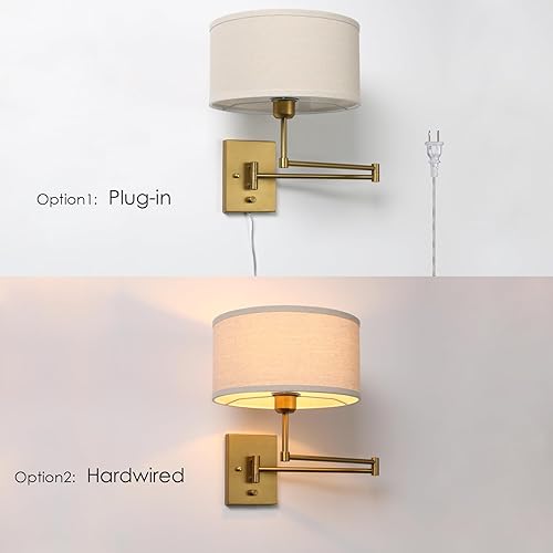 Miniatura 6 de Aplique de pared con cable enchufable de tela vintage, lámpara de pared con brazo oscilante para interiores con interruptor de encendidoapagado,