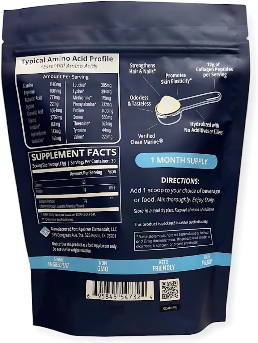Hydrolyzed Marine Collagen Peptides Powder - Sourced from Wild-Caught Fish, Pescatarian Friendly, Keto Certified & Non-GMO - Easy to Mix - Single Ingredient (30 Servings)