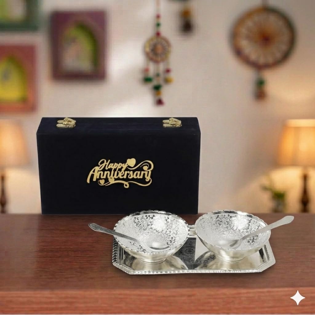 INTERNATIONAL GIFT German Silver Lotus Bowl Spoon Tray Or Carry Bag with Happy Anniversary Tag | German Silver Metal Suitable for Gifting, Serving, Home Dรฉcor and Pooja