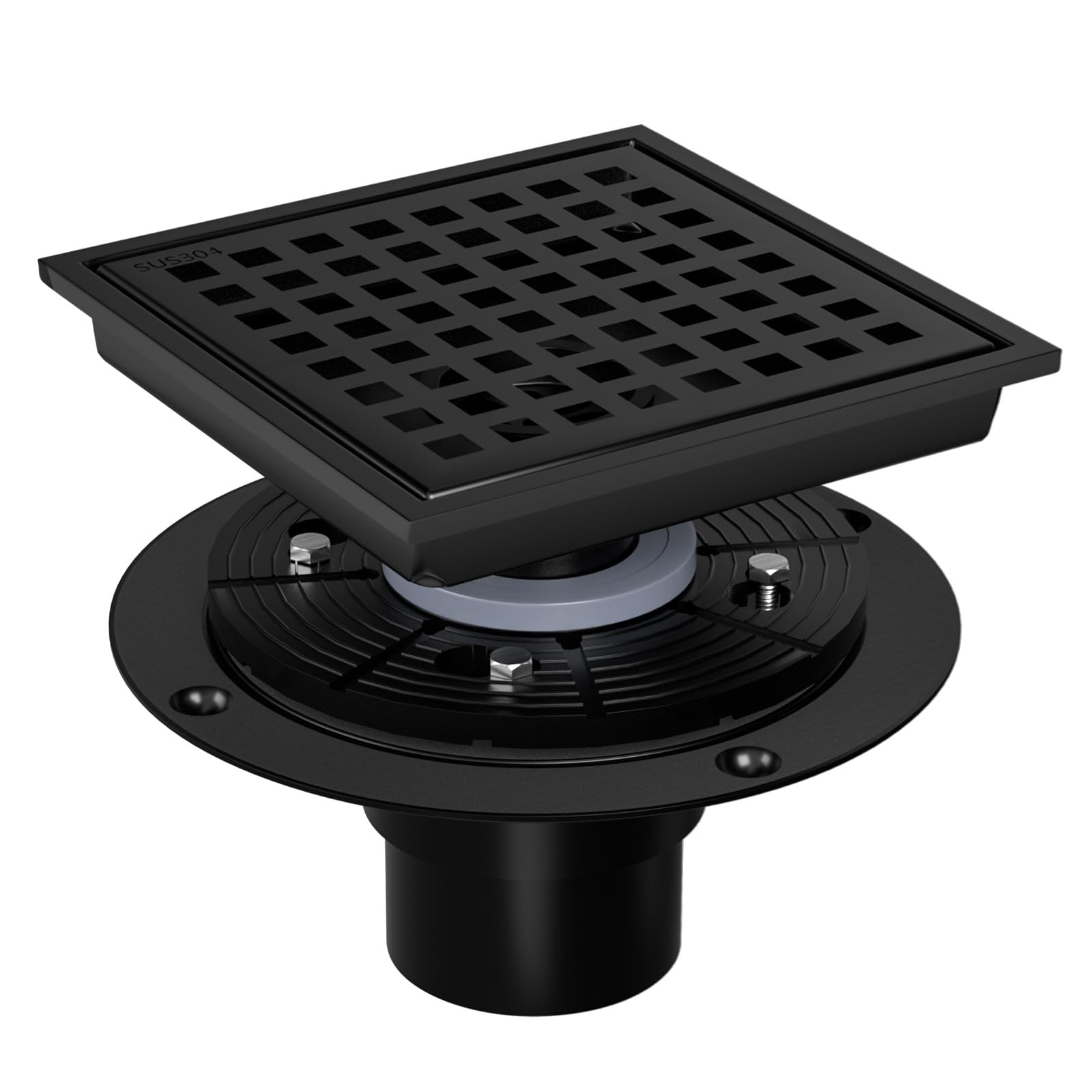 BARONAGE 6 Inch Square Shower Drain Black with Flange Removable Cover Floor Drains SUS 304 Stainless Steel CUPC Certified