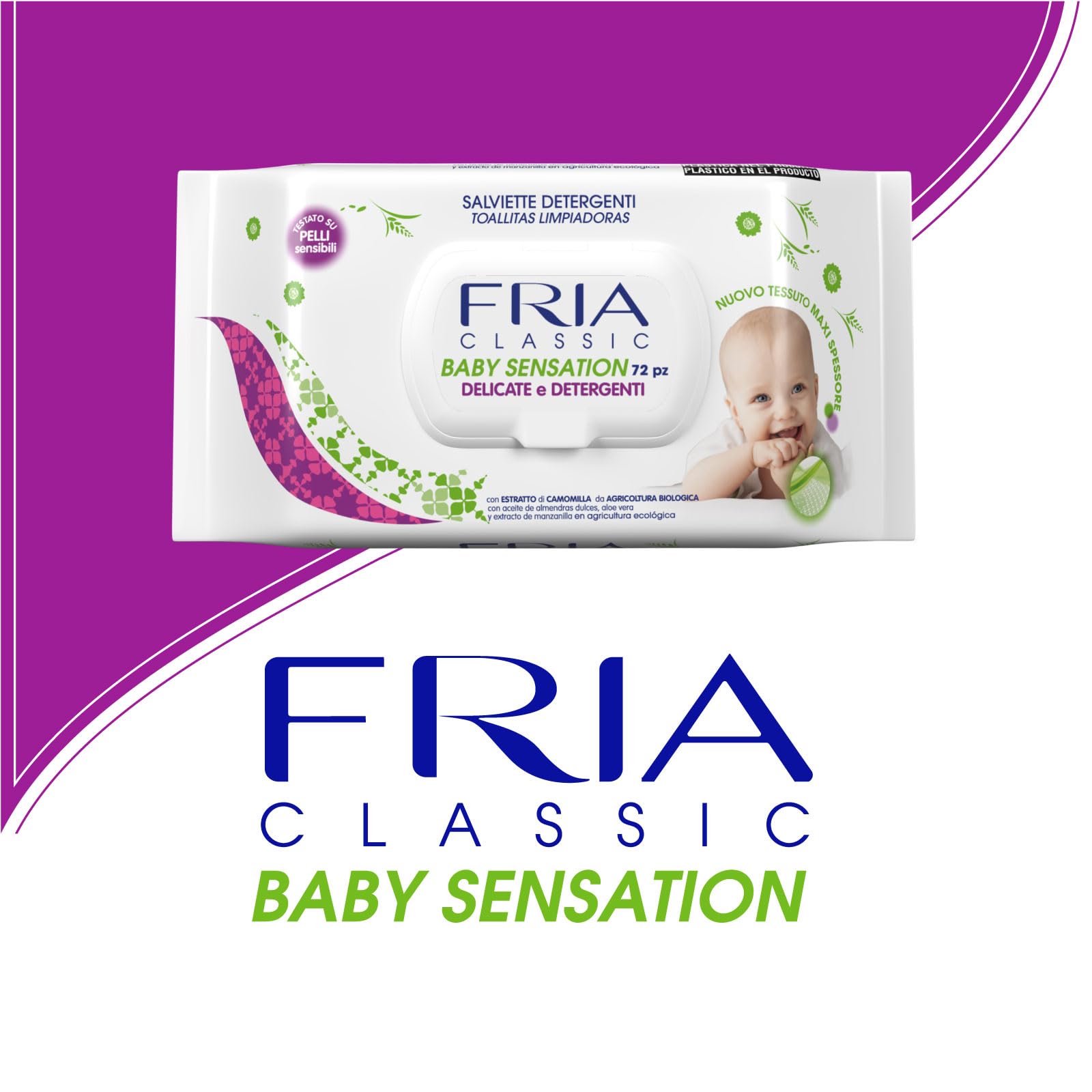 Salviette per Bambini Baby Sensation Classic con Coperchio - Estratto di Camomilla - 72 Salviette - FRIA