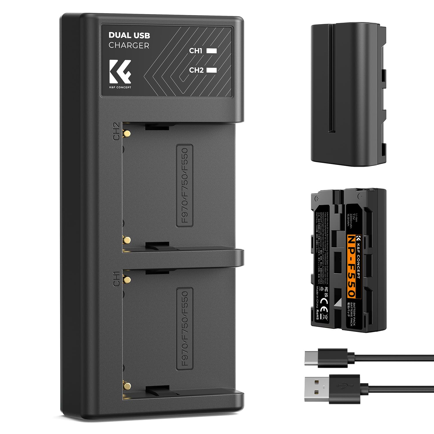 K&F CONCEPT NP-F550 Batterie LED Chargeur Kit 2600mAh Compatible avec Sony NP-F550 F570 F750 F770 F930 F950 F960 F970 pour Lampes LED/Moniteur/Curseur de Caméra